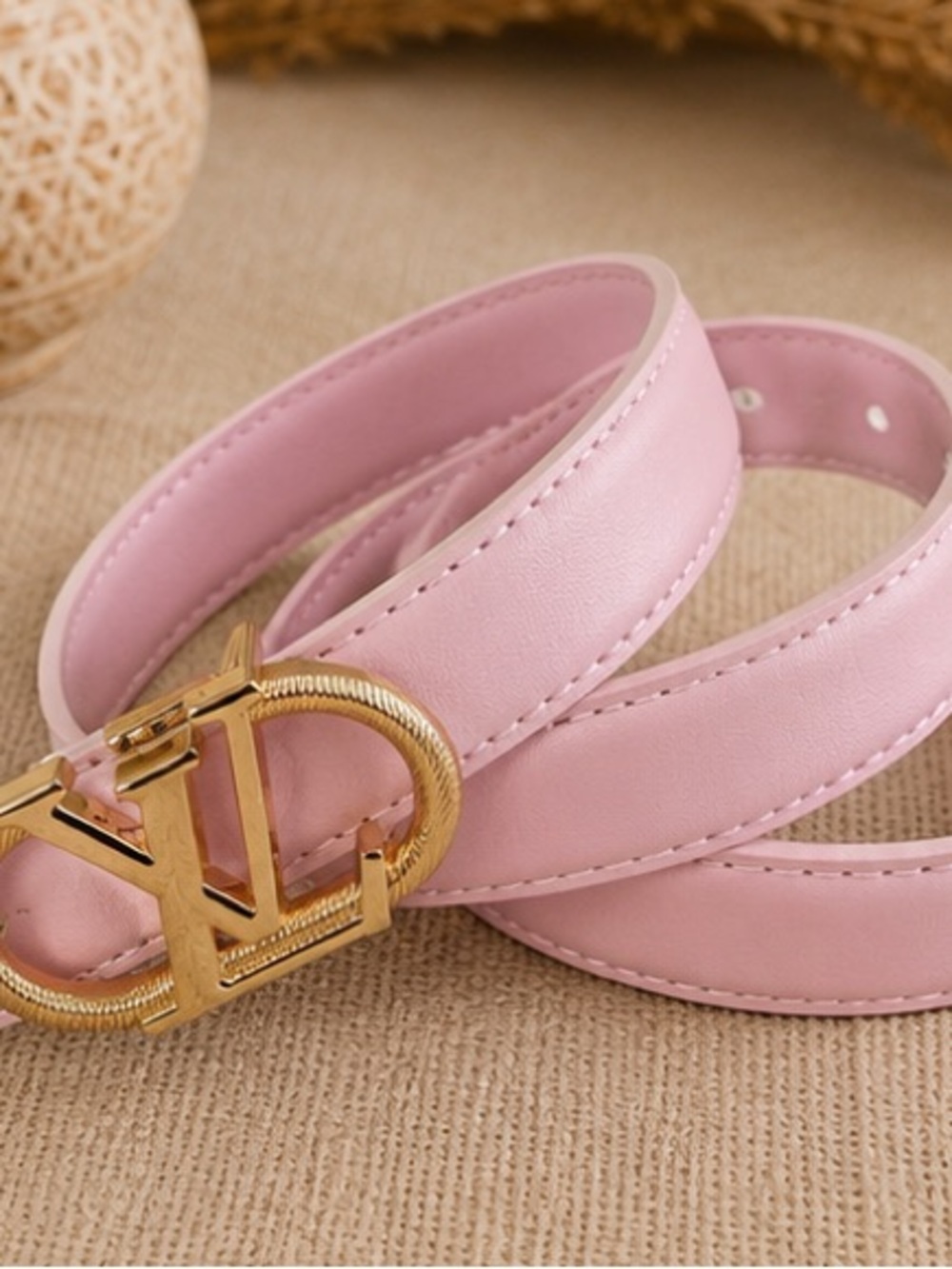 Designer Inspired Blush Pink Leather Belt | Gold Monogram Buckle | Boho Chic 43”